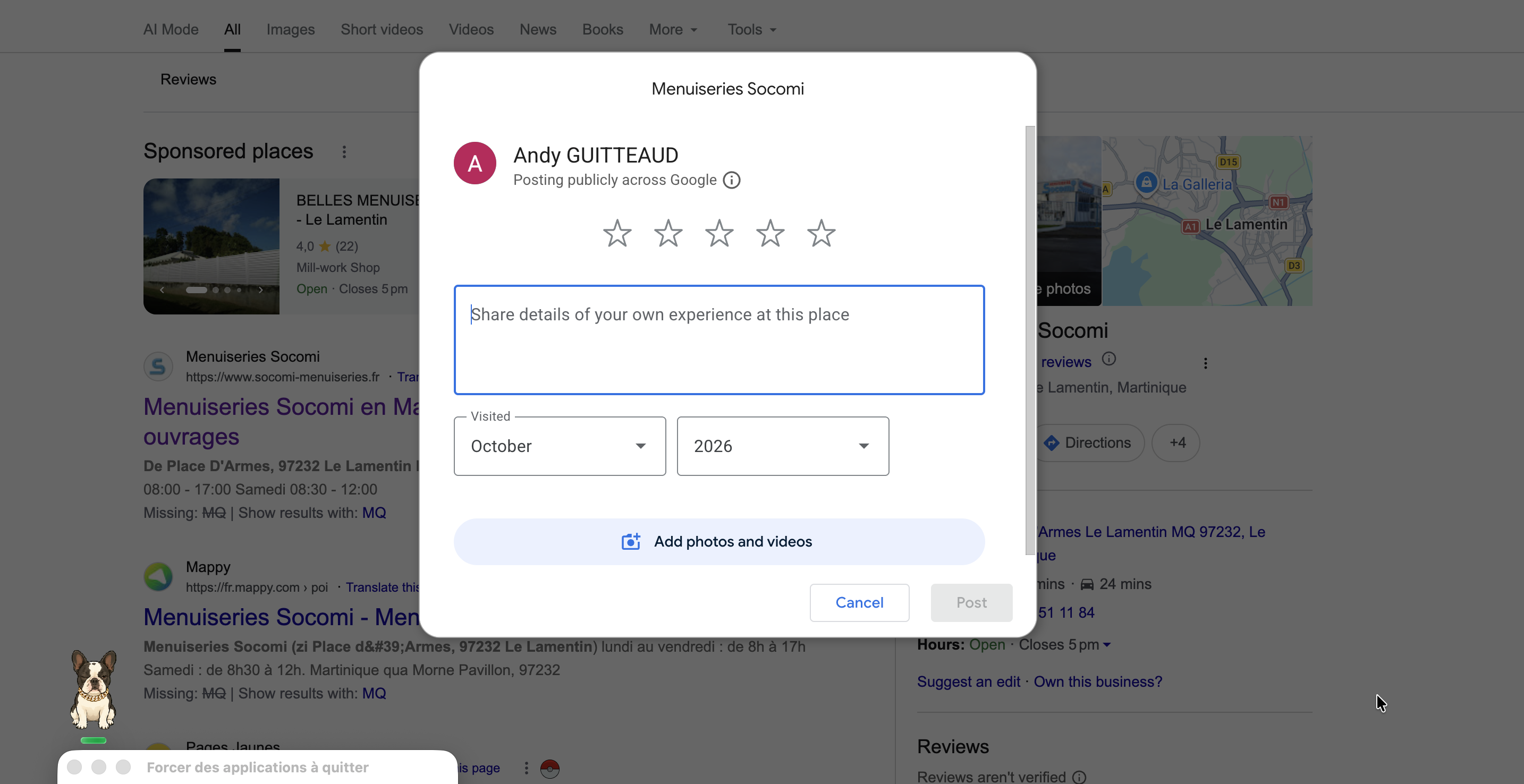 Aperçu du formulaire Google pour Menuiseries Socomi : étoiles et champ de commentaire